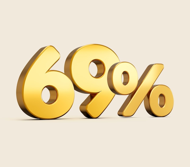 3d illustration of golden number sixty nine percent or 69 isolated on beige background with shadow