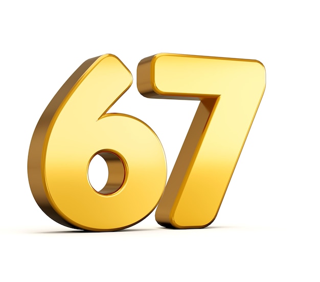 3d illustration of golden number sixty seven or 67 isolated on white background with shadow