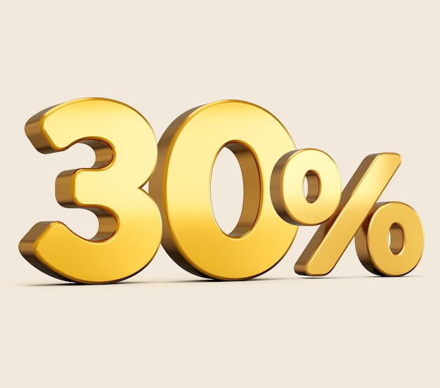 3d illustration of golden number thirty percent or 30 isolated on beige background with shadow