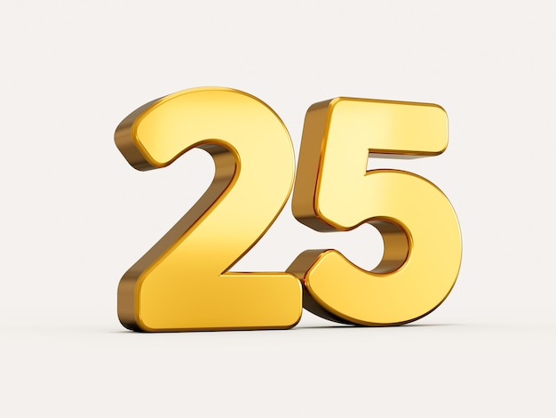 3d illustration of golden number twenty five or 25 isolated on beige background with shadow