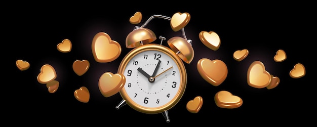 Photo 3d illustration of golden retro alarm clock with arrow and golden heart on black color background time to love 3d style design for romantic banner valentine day greeting card