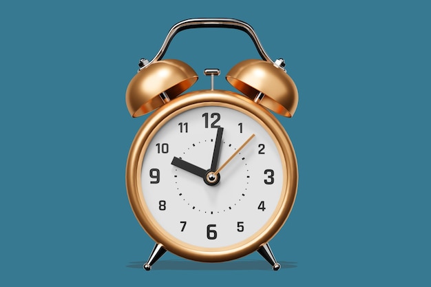 3d illustration of golden retro alarm clock with arrow