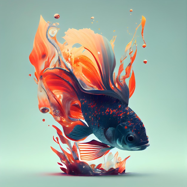 3D иллюстрация золотой рыбки, выпрыгивающей из воды