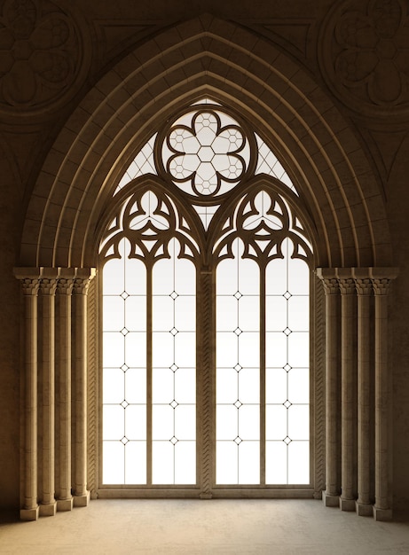 3D illustration Gothic vintage window background postcard