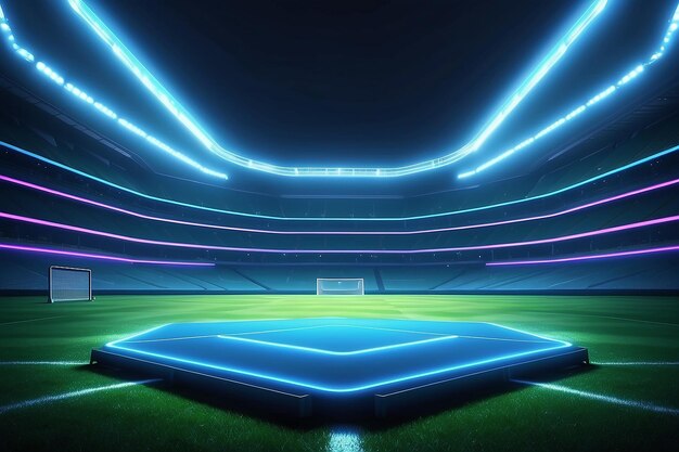 Photo 3d illustration grand blue neon digital stadium illuminated at night with spotlight empty space background on lawn