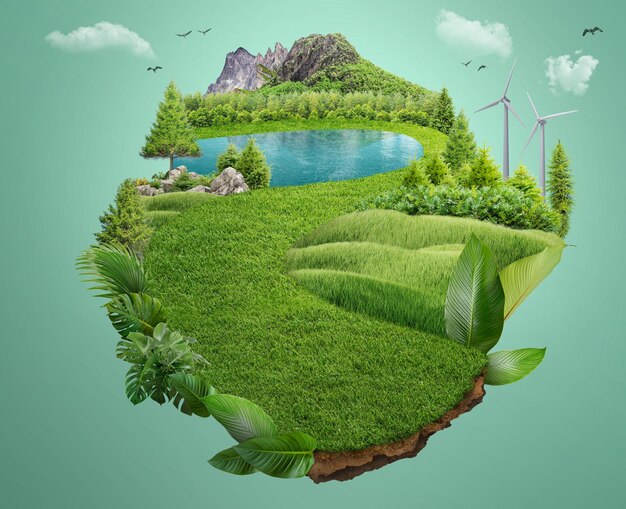Photo 3d illustration of grass road trip the trees on the island eco design concept