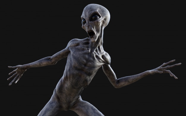 3d Illustration of a gray alien on dark background with clipping path.