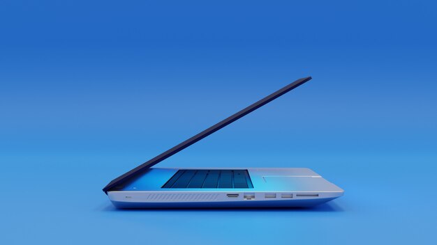 3D Illustration gray silver laptop on light blue wall, Side view of colorful laptop computer.