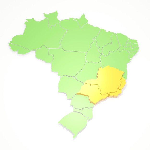 3d illustration of green brazil map divided into states with southeastern states in yellow