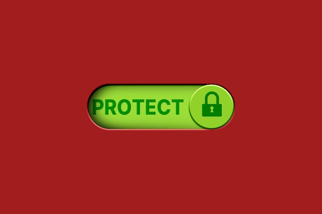 3D illustration of green button to switch on digital protection Cybersecurity and privacy protect