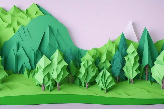 Photo 3d illustration of green city with trees and road in the middle paper origami landscape ai generated