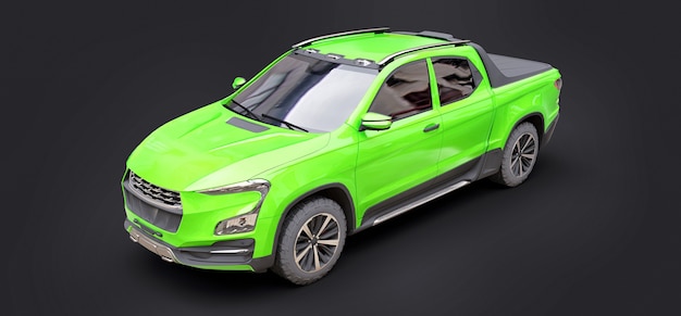灰色の孤立した背景に緑の概念の貨物ピックアップトラックの3Dイラスト。 3Dレンダリング。