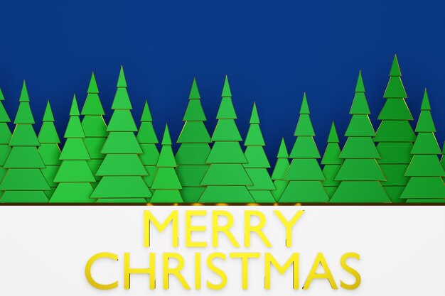 Photo 3d illustration green coniferous trees in a winter forest with large snowdrifts and  lettering merry christmas. christmas trees  in origami styles