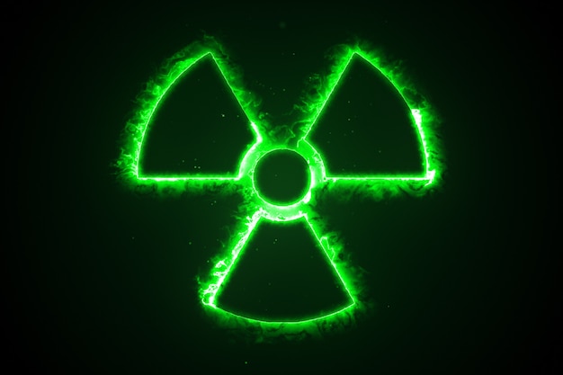 Foto illustrazione 3d di fuoco verde o energia di flusso dai simboli nucleari e di rischio biologico.