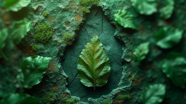 3d illustration of a green leaf on a background of green moss Generative AI