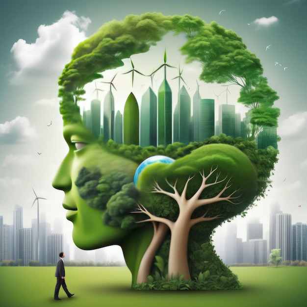 3D illustration of green tree with head and businessman3D illustration of green tree with head