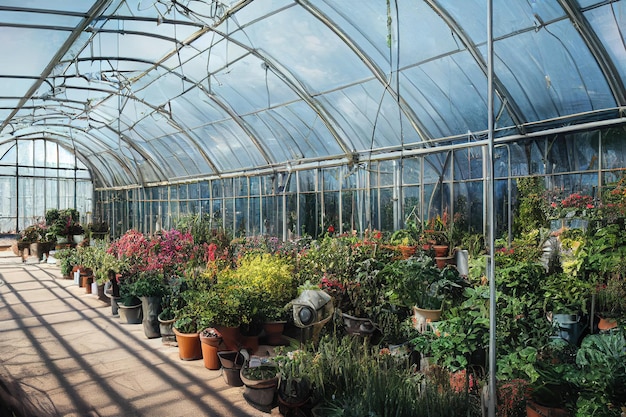 3d illustration greenhouse with glass walls and roof flowering beds