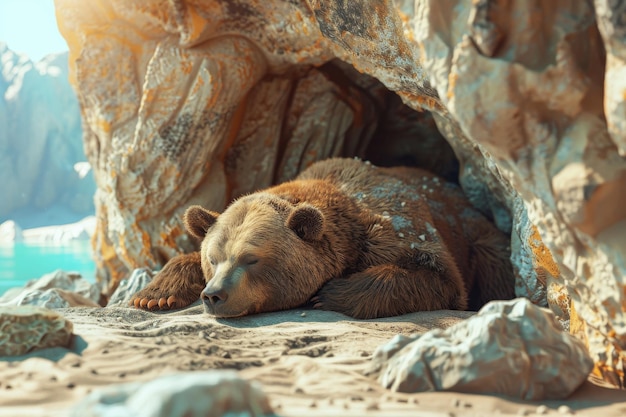 Photo 3d illustration of a grizzly bear is hibernating in a cave