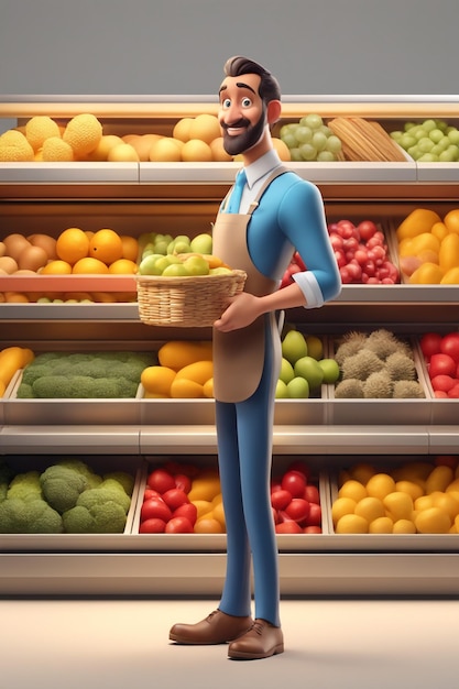 3d illustration of grocer man isolated on market backgroundshopping consept