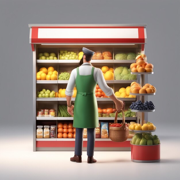 3d illustration of grocer man isolated on market backgroundshopping consept