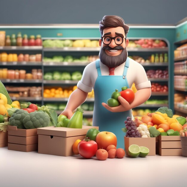 3d illustration of Grocer man isolated on market backgroundshopping consept