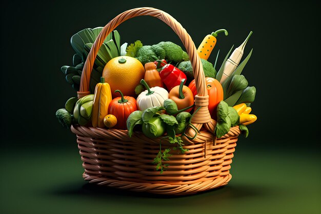 3D illustration Grocery basket with fresh vegetables fruits and other goods generative ai