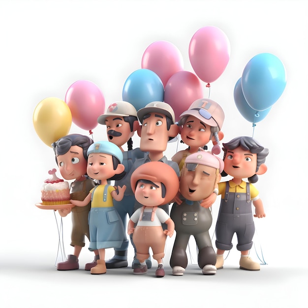 3D illustration of a group of children with birthday cake and balloons