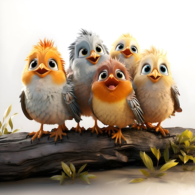 3d illustration of a group of cute chicks sitting on a tree branch