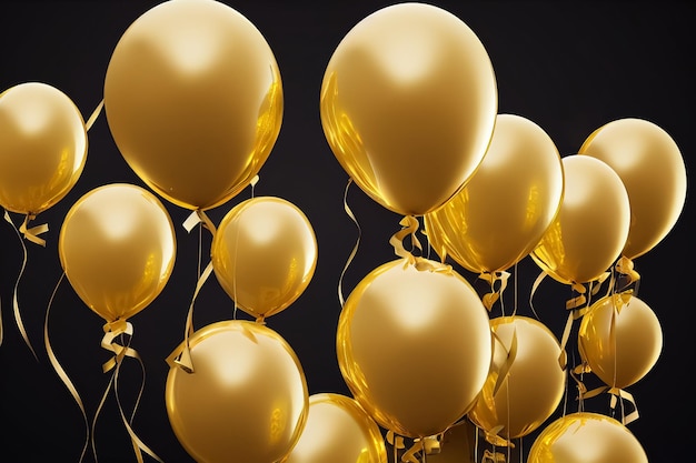 3d illustration group of gold balloons isolated on black background