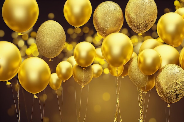 3d illustration group of gold balloons isolated on black background