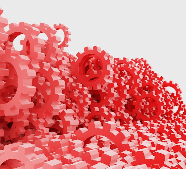 3d illustration of group of red interpenetrated hollow gears roughly stacked and profiled o