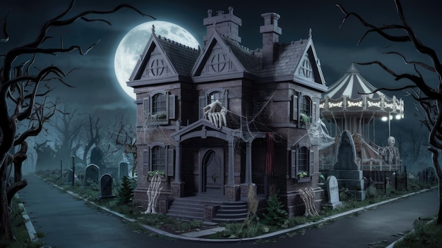 3d illustration of a halloween concept background of realistic horror house and creepy street with m