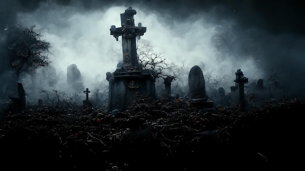 3D illustration of a Halloween concept dark background of a castle and graveyard Horror background