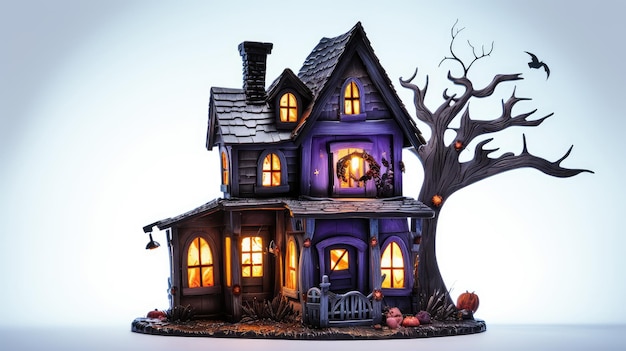 Foto illustrazione 3d casa stregata di halloween con alberi e zucche