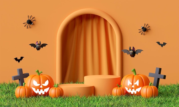 Illustrazione 3d del podio di halloween sull'erba con il ragno spettrale jack o lantern e il simpatico pipistrello