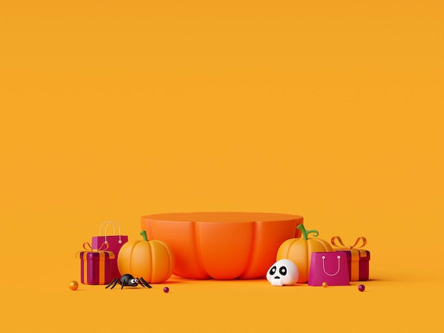 3d illustration of Halloween podium with Halloween pumpkins