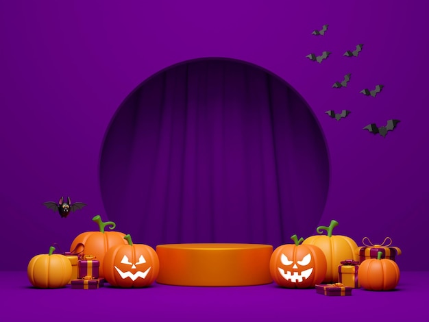 Illustrazione 3d del podio di halloween con jack o lantern