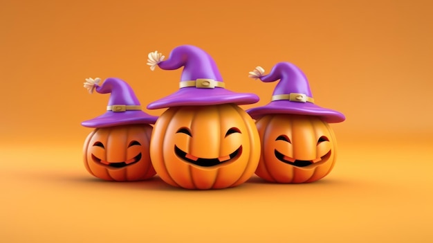 3d illustration of Halloween pumpkin wearing witch hat