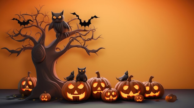 3D illustration of Halloween theme banner with group of Jack O Lantern pumpkin and paper graphic style of spooky tree and owl on background