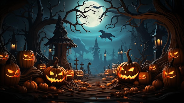 3D illustration of Halloween theme banner with group of Jack O Lantern pumpkin and paper graphic