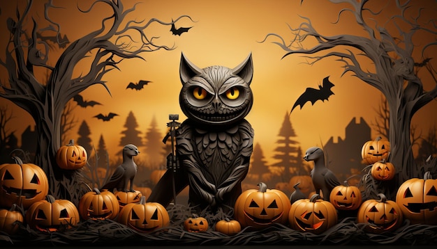 3D illustration of Halloween theme with group of Jack O Lantern pumpkin and paper graphic style