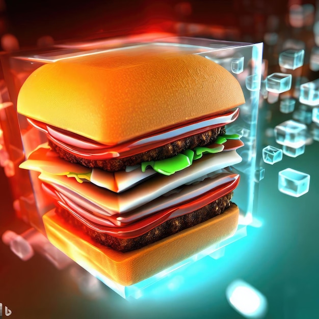 3d illustration of hamburger with ice cubes in digital color background