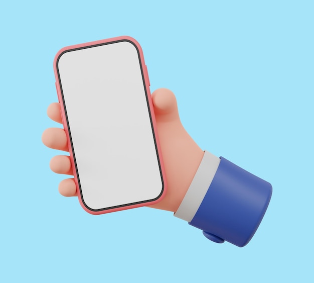 3D illustration Hand hold a smart phone with blank screen on blue Background