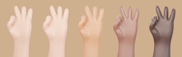 3D illustration of hands with different skin colors doing okay hand sign on brown background