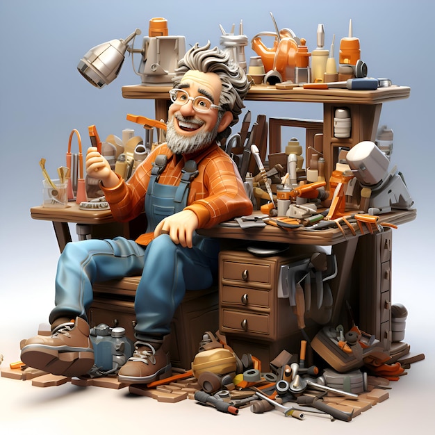 Photo 3d illustration of a handyman sitting in his workshop with tools