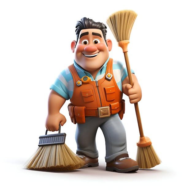 Photo 3d illustration of a handyman with a broom and dustpan