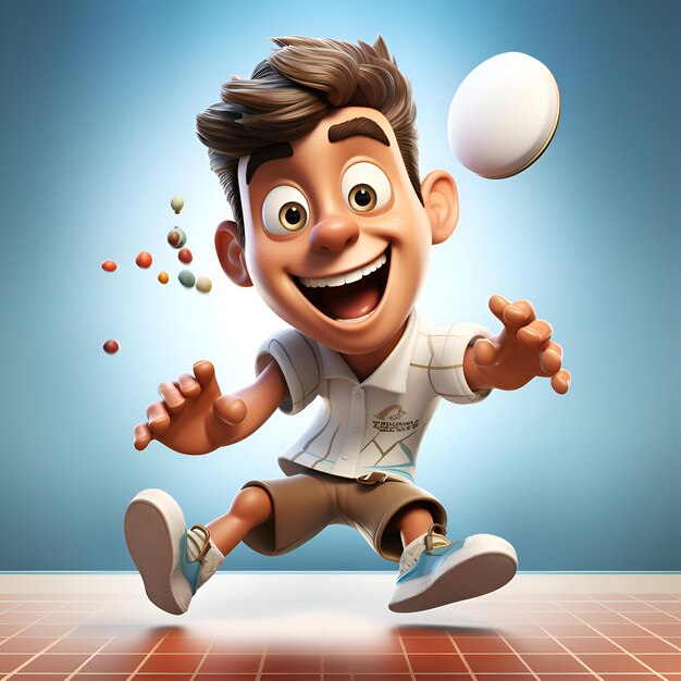 Foto illustrazione 3d di un ragazzo di cartoni animati felice che salta e gioca con le palle