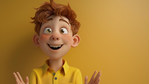 3D illustration of a happy and excited boy with freckles and red hair wearing a yellow shirt raising his hands in joy against a matching background