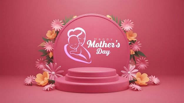 Photo 3d illustration of happy mothers day display background with flower decoration and podium