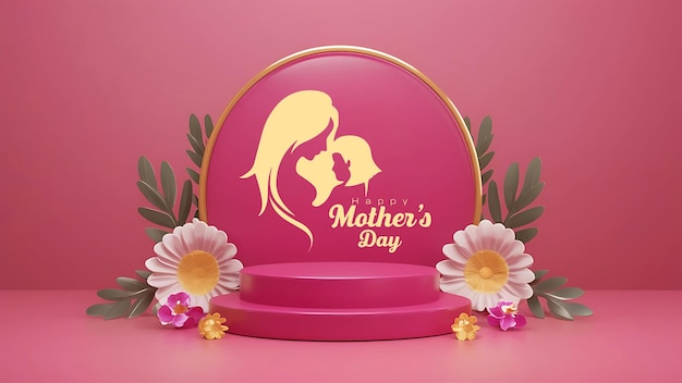 Photo 3d illustration of happy mothers day display background with flower decoration and podium